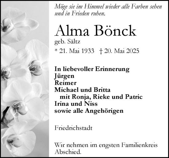 Traueranzeige von Alma Bönck von Husumer Nachrichten, Nordfriesland Tageblatt