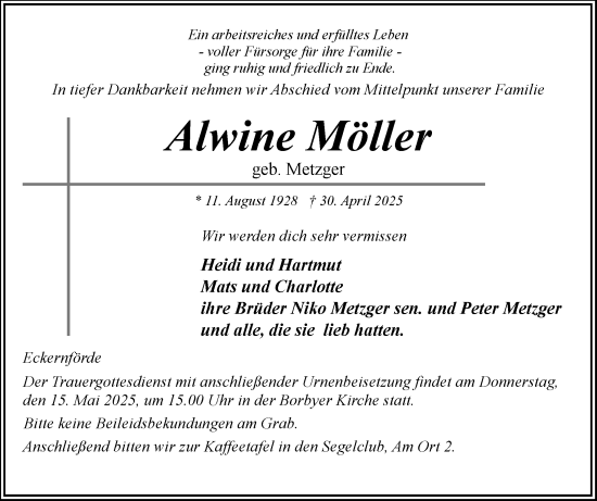 Traueranzeige von Alwine Möller von Eckernförder Zeitung