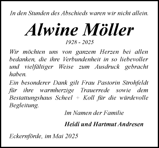 Traueranzeige von Alwine Möller von Eckernförder Zeitung, Hallo Eckernförde