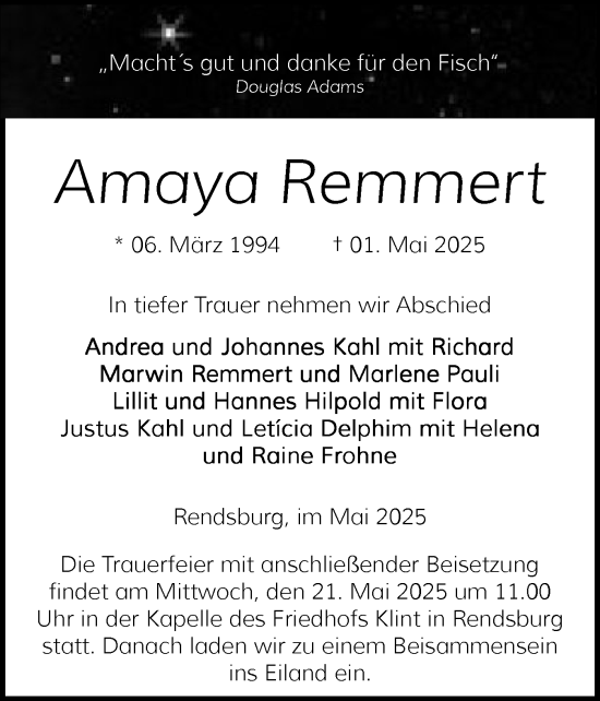 Traueranzeige von Amaya Remmert von Schleswig-Holsteinische Landeszeitung