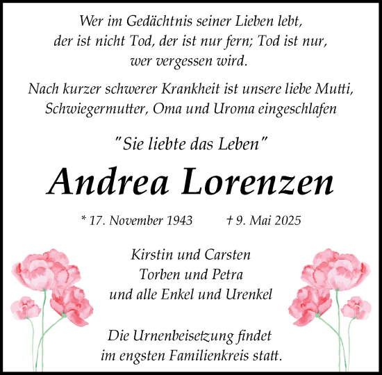 Traueranzeige von Andrea Lorenzen von MARKT Glinde/Reinfeld