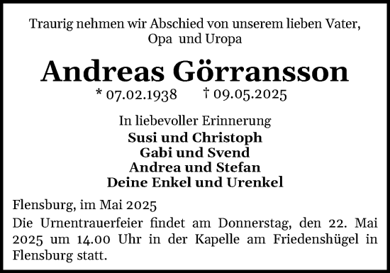 Traueranzeige von Andreas Görransson von Flensburger Tageblatt
