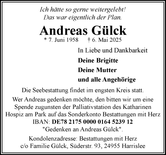 Traueranzeige von Andreas Gülck von Flensburger Tageblatt