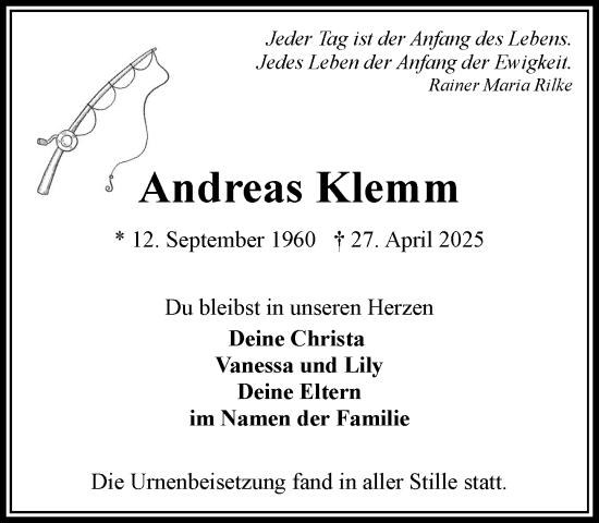 Traueranzeige von Andreas Klemm von Wochenend Anzeiger