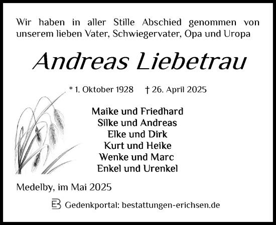 Traueranzeige von Andreas Liebetrau von Flensburger Tageblatt