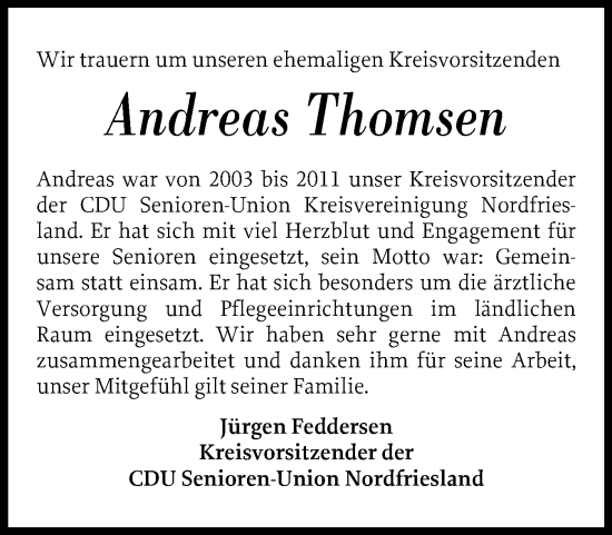 Traueranzeige von Andreas Thomsen von Husumer Nachrichten, Nordfriesland Tageblatt