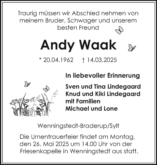 Traueranzeige von Andy Waak von Sylter Rundschau