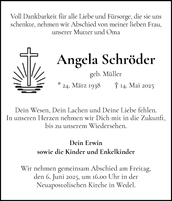 Traueranzeige von Angela Schröder von Wedel-Schulauer Tageblatt, tip Wedel-Schulauer Tageblatt, tip Rissener Rundschau