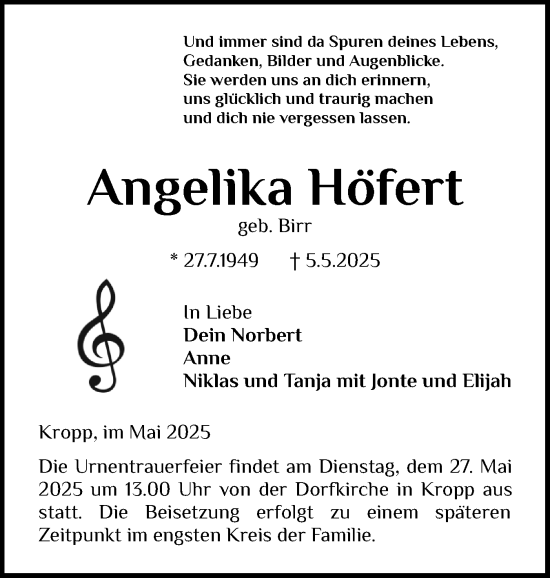 Traueranzeige von Angelika Höfert von Schleswiger Nachrichten, Schlei-Bote