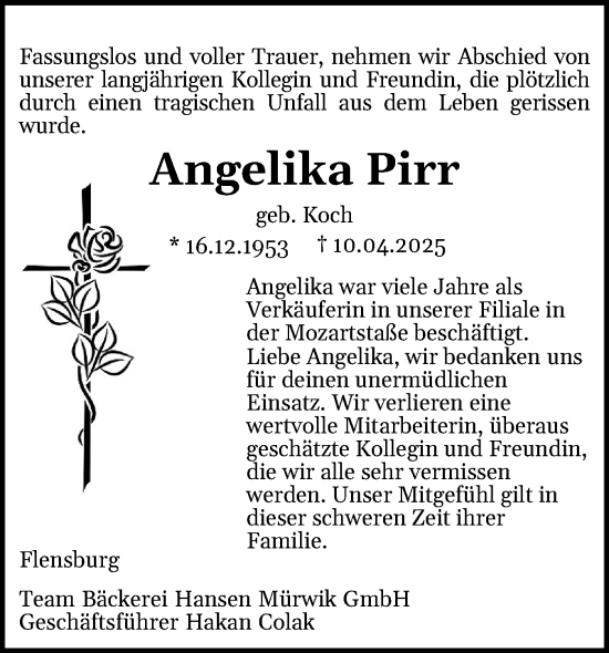 Traueranzeige von Angelika Pirr von Flensburger Tageblatt