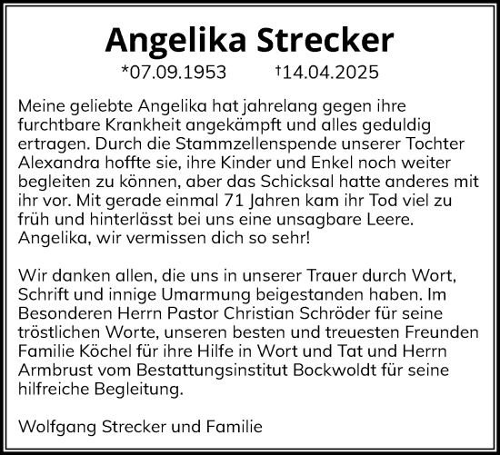 Traueranzeige von Angelika Strecker von Norddeutsche Rundschau, Wilstersche Zeitung, Glückstädter Fortuna