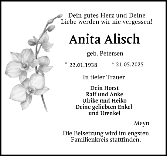 Traueranzeige von Anita Alisch von Flensburger Tageblatt