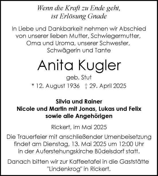 Traueranzeige von Anita Kugler von Schleswig-Holsteinische Landeszeitung