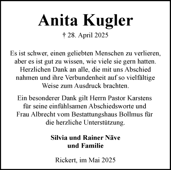 Traueranzeige von Anita Kugler von Schleswig-Holsteinische Landeszeitung