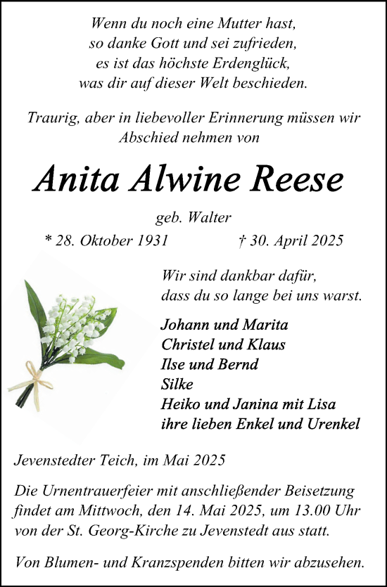 Traueranzeige von Anita Alwine Reese von Schleswig-Holsteinische Landeszeitung