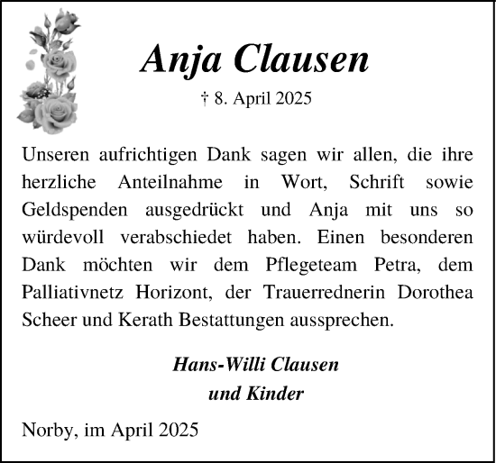 Traueranzeige von Anja Clausen von Schleswig-Holsteinische Landeszeitung