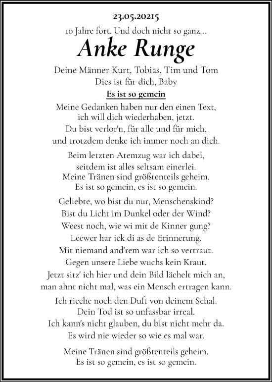 Traueranzeige von Anke Runge von Schleswig-Holsteinische Landeszeitung