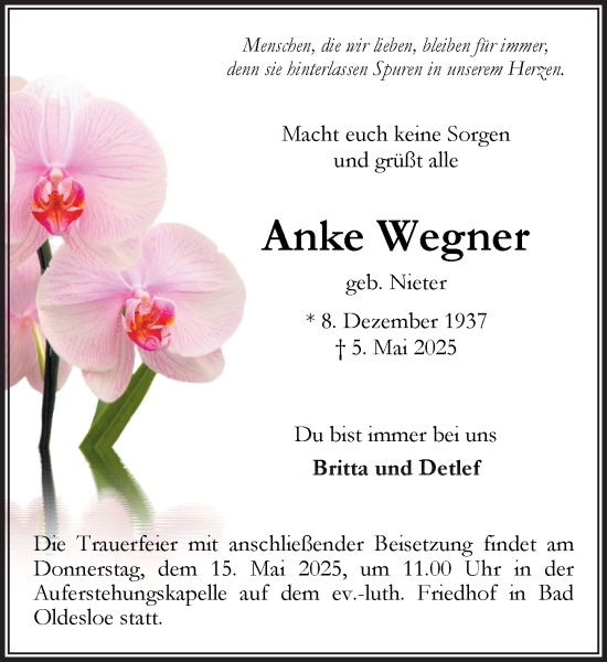 Traueranzeige von Anke Wegner von MARKT Bad Oldesloe/Reinfeld und Stormarner Tageblatt
