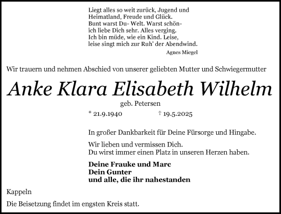 Traueranzeige von Anke Klara Elisabeth Wilhelm von Schleswiger Nachrichten, Schlei-Bote