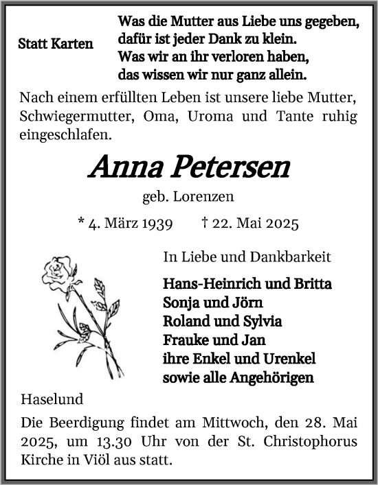 Traueranzeige von Anna Petersen von Husumer Nachrichten, Nordfriesland Tageblatt