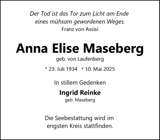 Traueranzeige von Anna Elise Maseberg von Ostholsteiner Anzeiger