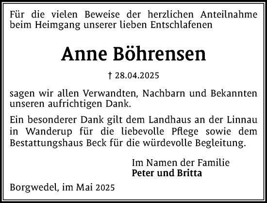 Traueranzeige von Anne Böhrensen von Schleswiger Nachrichten, Schlei-Bote