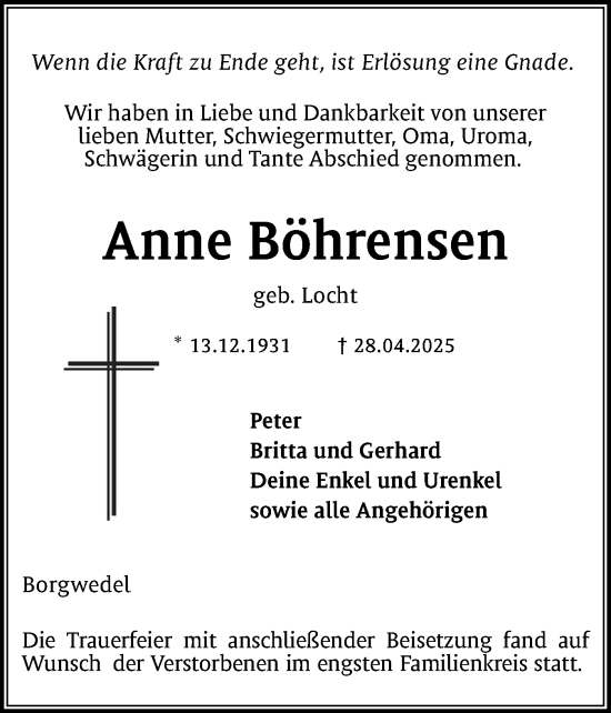 Traueranzeige von Anne Böhrensen von Schleswiger Nachrichten, Schlei-Bote