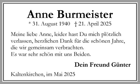 Traueranzeige von Anne Burmeister von Umschau