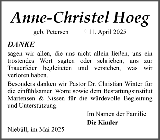 Traueranzeige von Anne-Christel Hoeg von Husumer Nachrichten, Nordfriesland Tageblatt