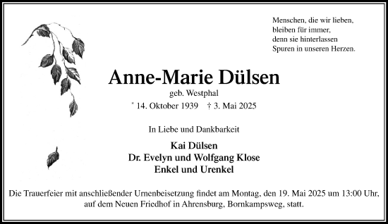 Traueranzeige von Anne-Marie Dülsen von MARKT Ahrensburg/Bargteheide/Trittau und Stormarner Tageblatt