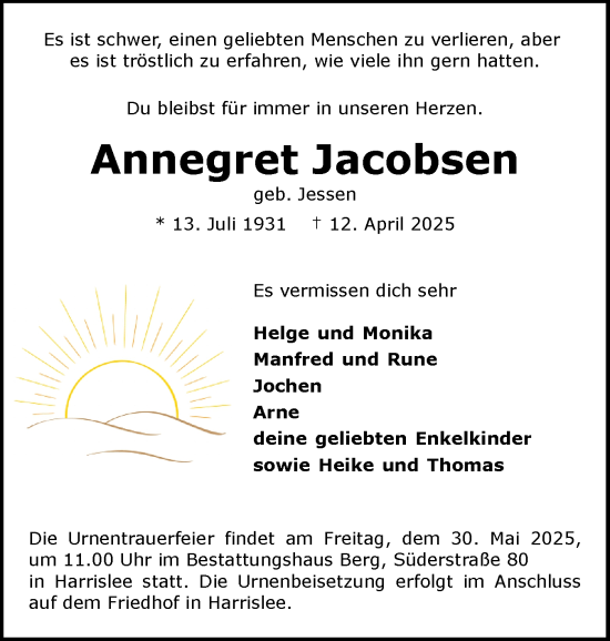 Traueranzeige von Annegret Jacobsen von Flensburger Tageblatt