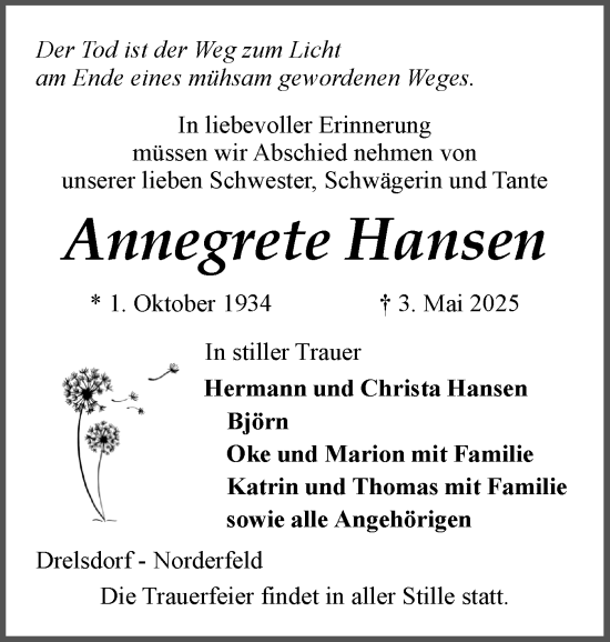 Traueranzeige von Annegrete Hansen von Husumer Nachrichten, Nordfriesland Tageblatt