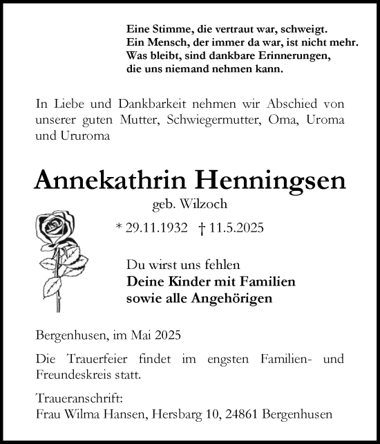 Traueranzeige von Annekathrin Henningsen von Schleswig-Holsteinische Landeszeitung