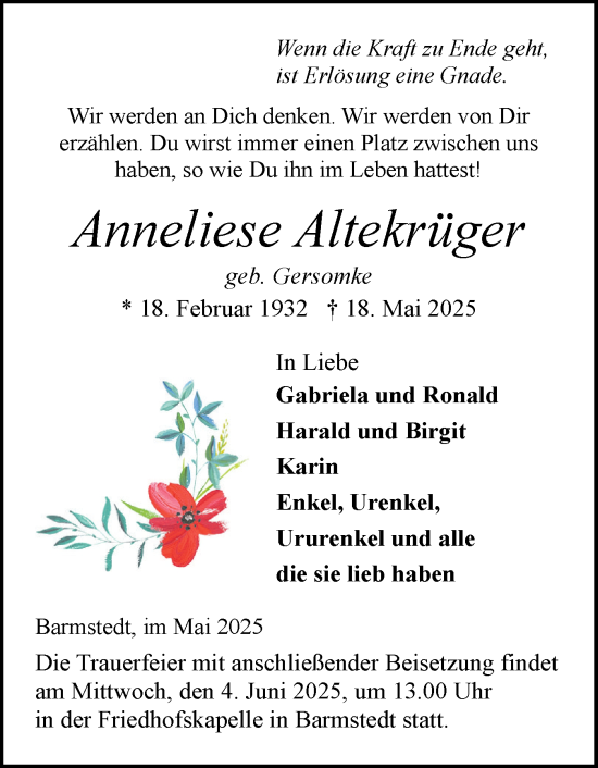 Traueranzeige von Anneliese Altekrüger von Elmshorner Nachrichten, Barmstedter Zeitung