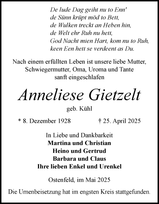 Traueranzeige von Anneliese Gietzelt von Schleswig-Holsteinische Landeszeitung