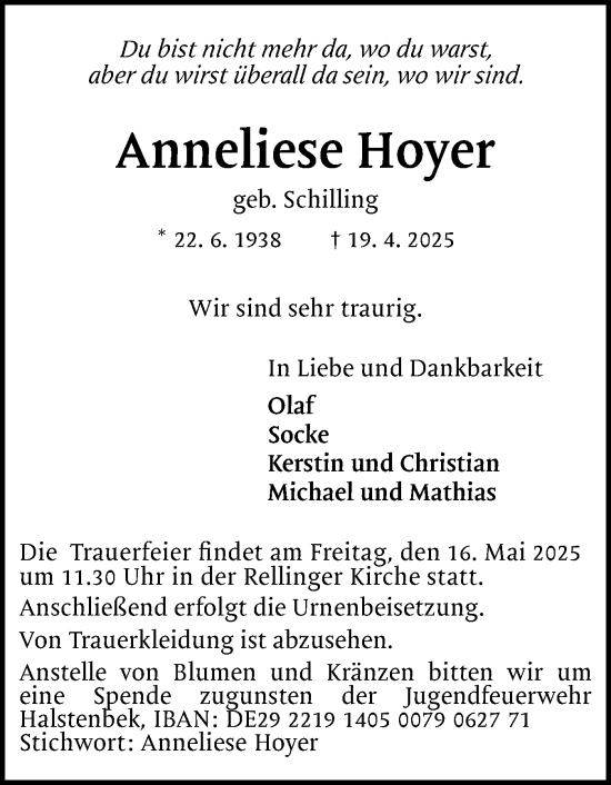 Traueranzeige von Anneliese Hoyer von Region Pinneberg und tip Pinneberg
