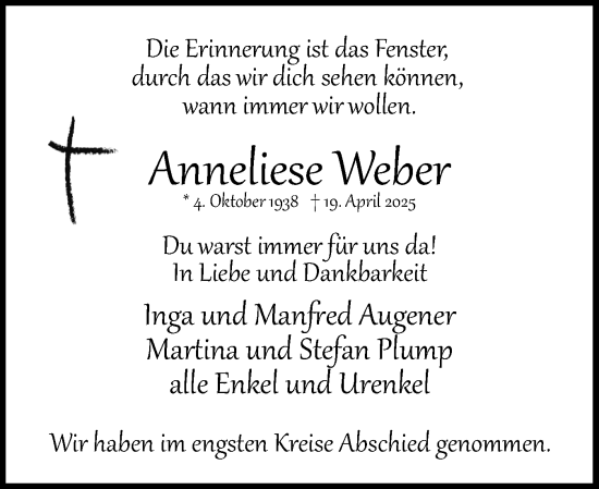 Traueranzeige von Anneliese Weber von Uetersener Nachrichten, Der tip am Wochenende