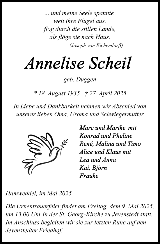 Traueranzeige von Annelise Scheil von Schleswig-Holsteinische Landeszeitung