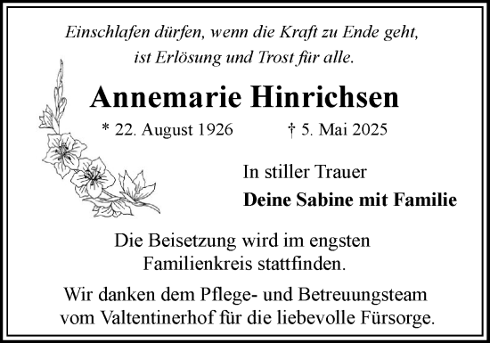 Traueranzeige von Annemarie Hinrichsen von Flensburger Tageblatt