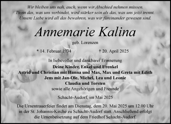 Traueranzeige von Annemarie Kalina von Schleswig-Holsteinische Landeszeitung