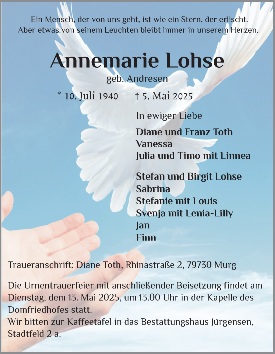Traueranzeige von Annemarie Lohse von Schleswiger Nachrichten, Schlei-Bote