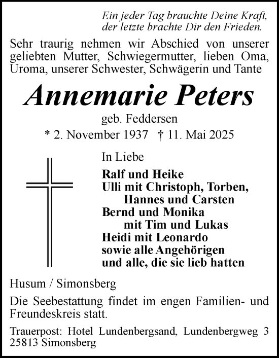 Traueranzeige von Annemarie Peters von Husumer Nachrichten, Nordfriesland Tageblatt
