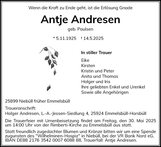 Traueranzeige von Antje Andresen von Husumer Nachrichten, Nordfriesland Tageblatt