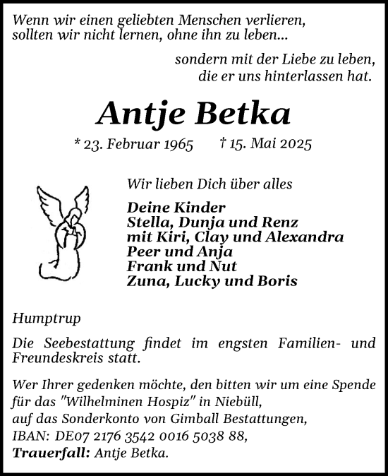 Traueranzeige von Antje Betka von Husumer Nachrichten, Nordfriesland Tageblatt