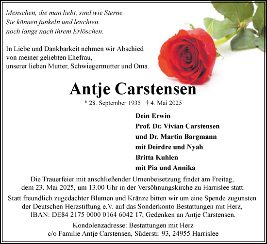 Traueranzeige von Antje Carstensen von Flensburger Tageblatt