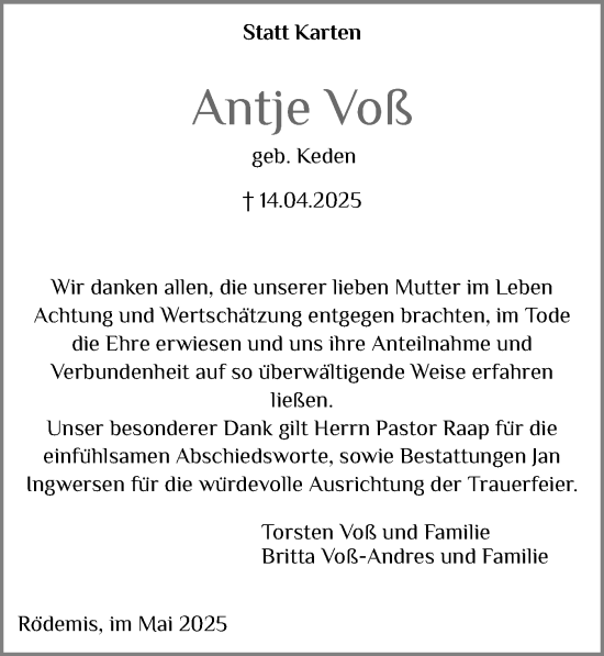 Traueranzeige von Antje Voß von Husumer Nachrichten, Nordfriesland Tageblatt