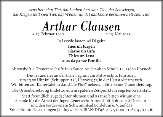 Traueranzeige von Arthur Clausen von Husumer Nachrichten, Nordfriesland Tageblatt