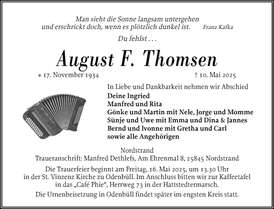 Traueranzeige von August F. Thomsen von Husumer Nachrichten, Nordfriesland Tageblatt