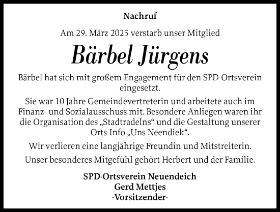 Traueranzeige von Bärbel Jürgens von Uetersener Nachrichten, Der tip am Wochenende