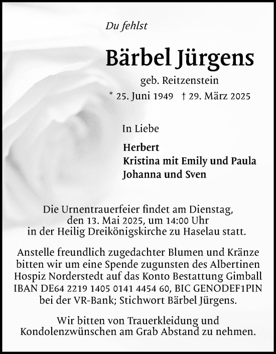 Traueranzeige von Bärbel Jürgens von Uetersener Nachrichten, Der tip am Wochenende